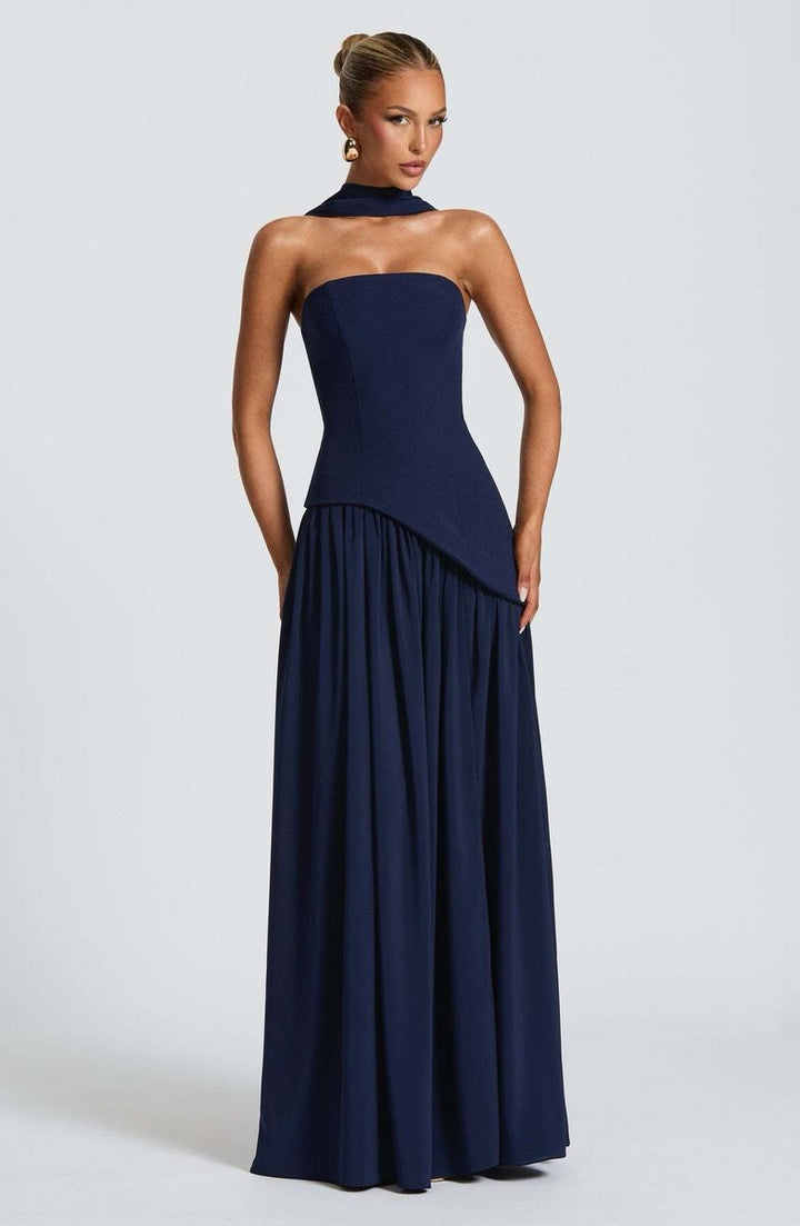 Women's Strapless Color-Block Slit Fall Wedding Guest Dress Maxi Gown