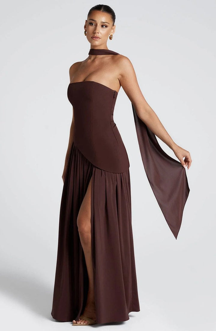 Women's Strapless Color-Block Slit Fall Wedding Guest Dress Maxi Gown