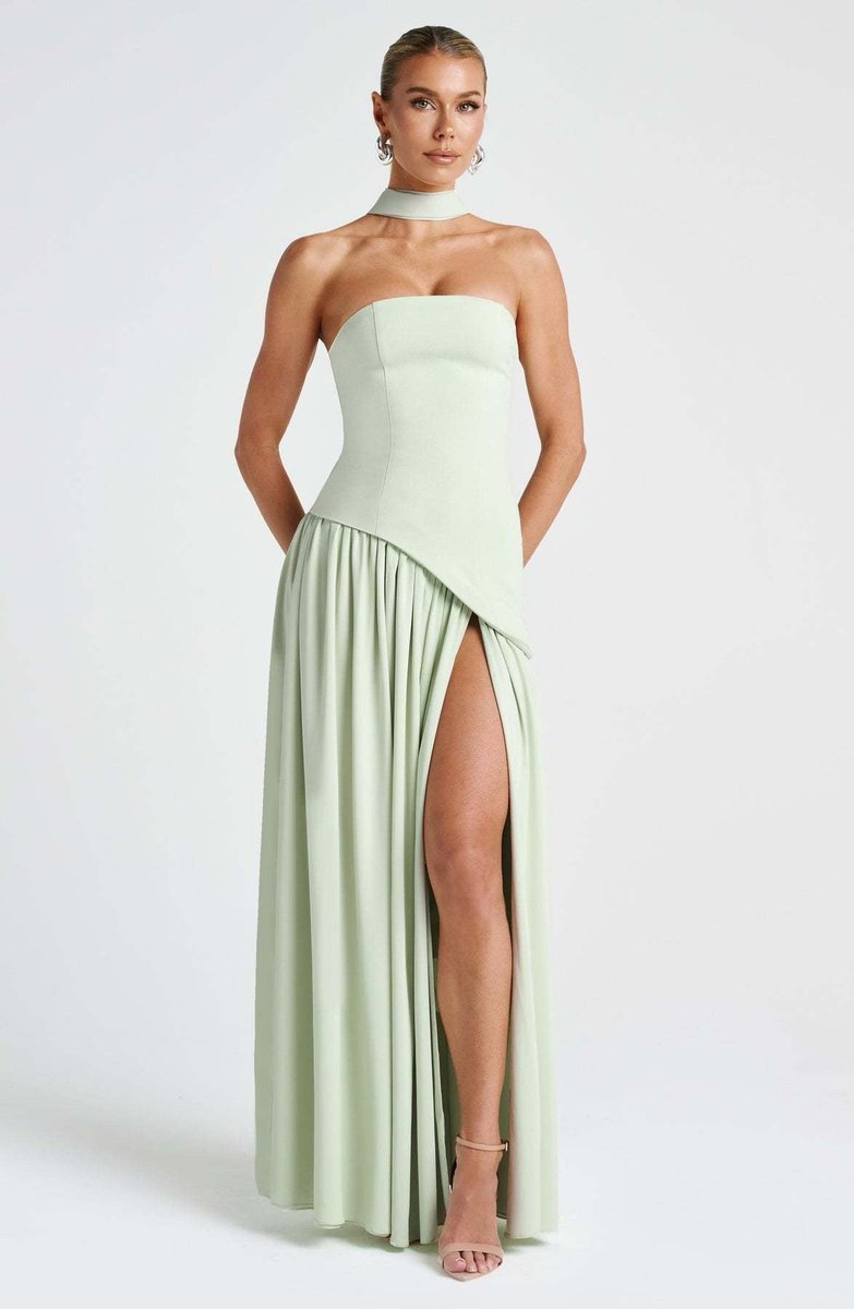 Women's Strapless Color-Block Slit Fall Wedding Guest Dress Maxi Gown