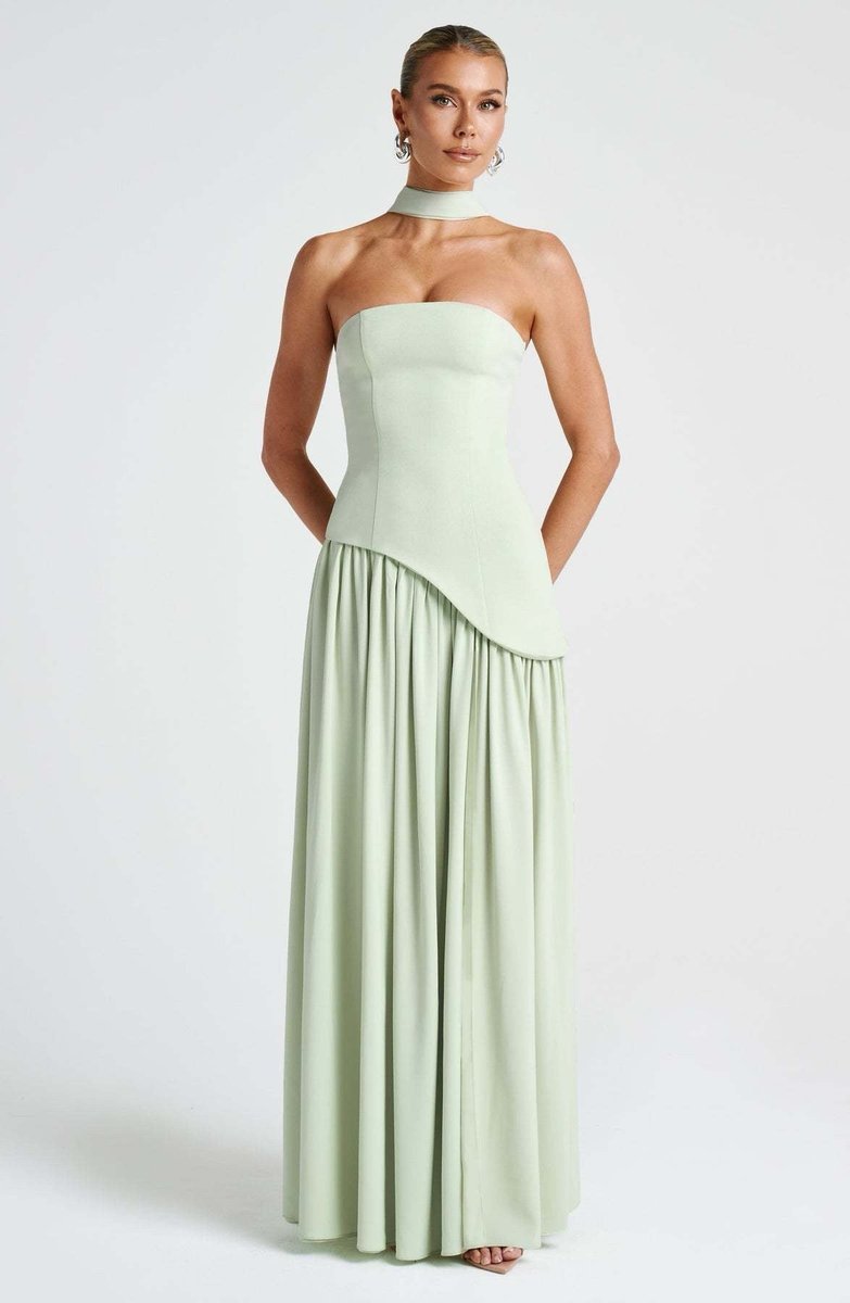 Women's Strapless Color-Block Slit Fall Wedding Guest Dress Maxi Gown