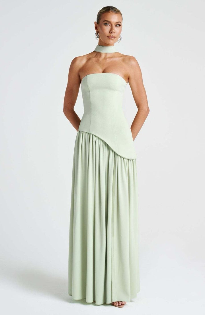 Women's Strapless Color-Block Slit Fall Wedding Guest Dress Maxi Gown
