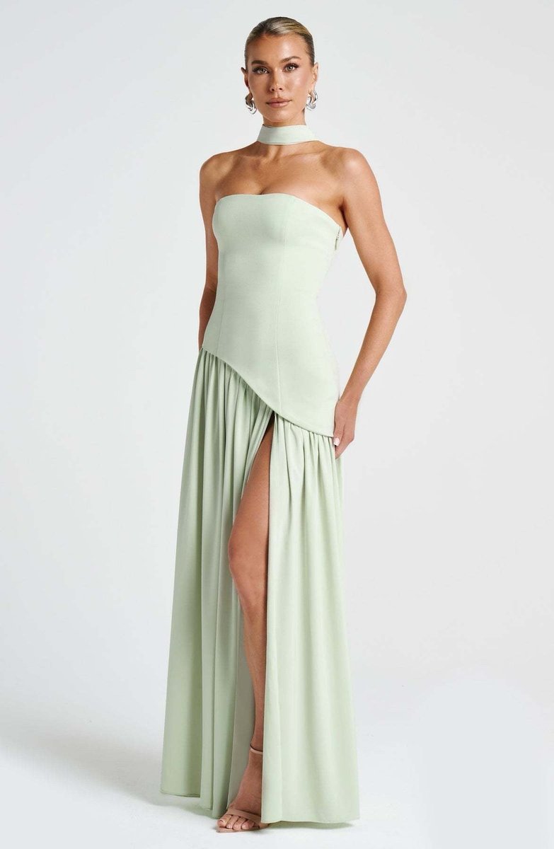 Women's Strapless Color-Block Slit Fall Wedding Guest Dress Maxi Gown