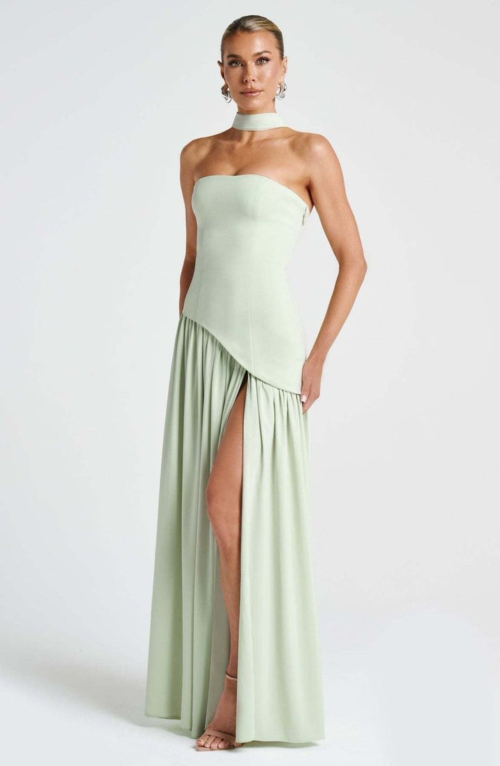 Women's Strapless Color-Block Slit Fall Wedding Guest Dress Maxi Gown