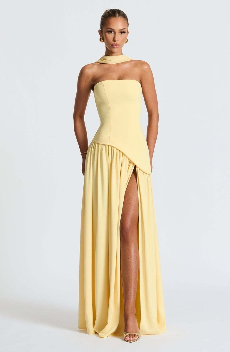 Women's Strapless Color-Block Slit Fall Wedding Guest Dress Maxi Gown