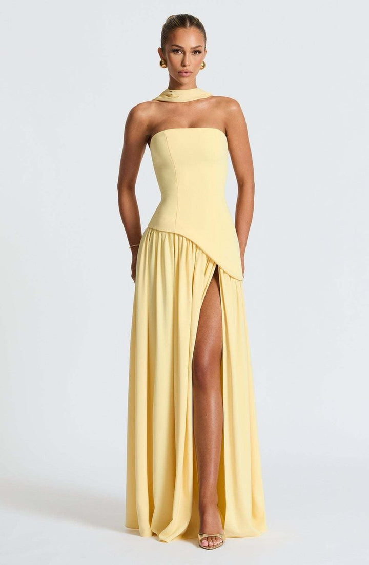 Women's Strapless Color-Block Slit Fall Wedding Guest Dress Maxi Gown