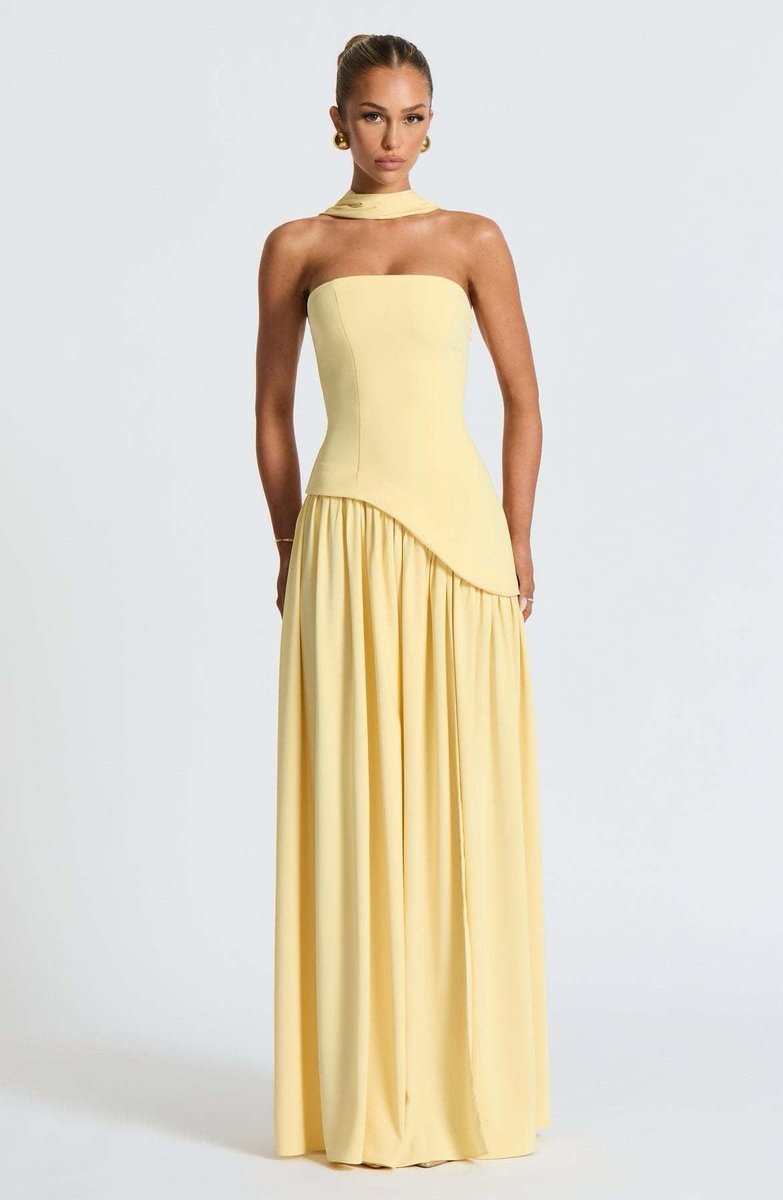 Women's Strapless Color-Block Slit Fall Wedding Guest Dress Maxi Gown