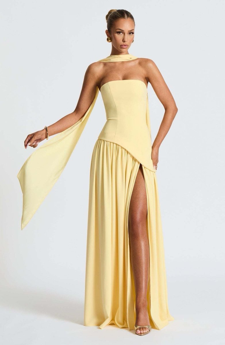 Women's Strapless Color-Block Slit Fall Wedding Guest Dress Maxi Gown