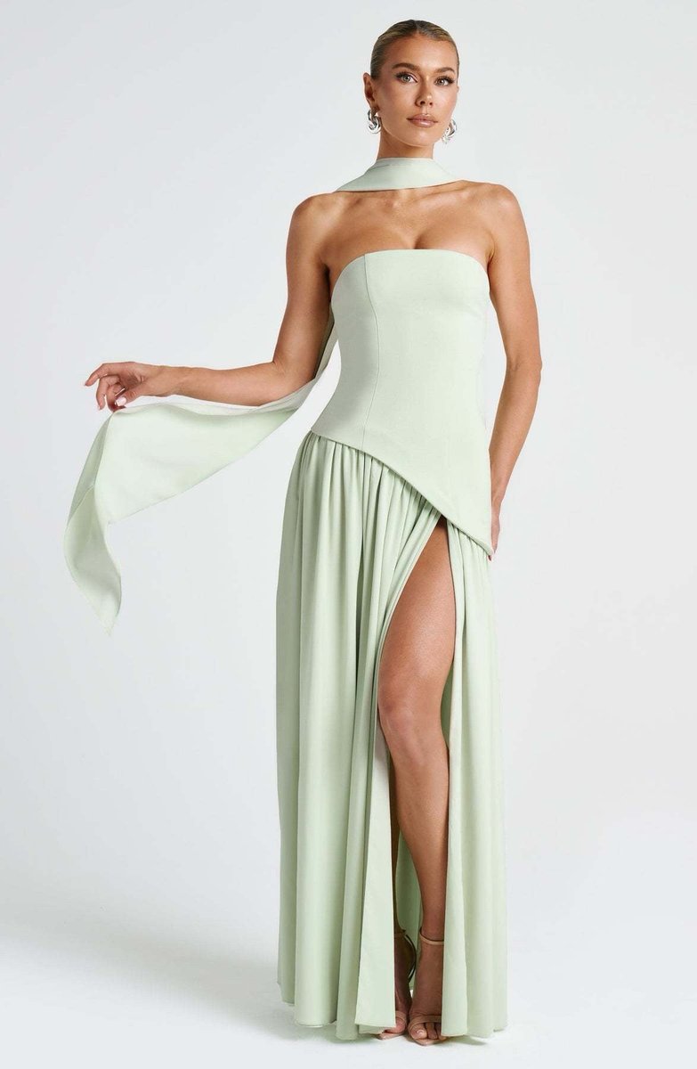 Women's Strapless Color-Block Slit Fall Wedding Guest Dress Maxi Gown