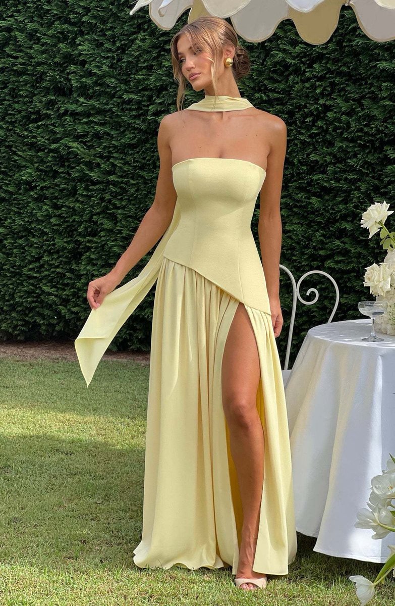 Women's Strapless Color-Block Slit Fall Wedding Guest Dress Maxi Gown