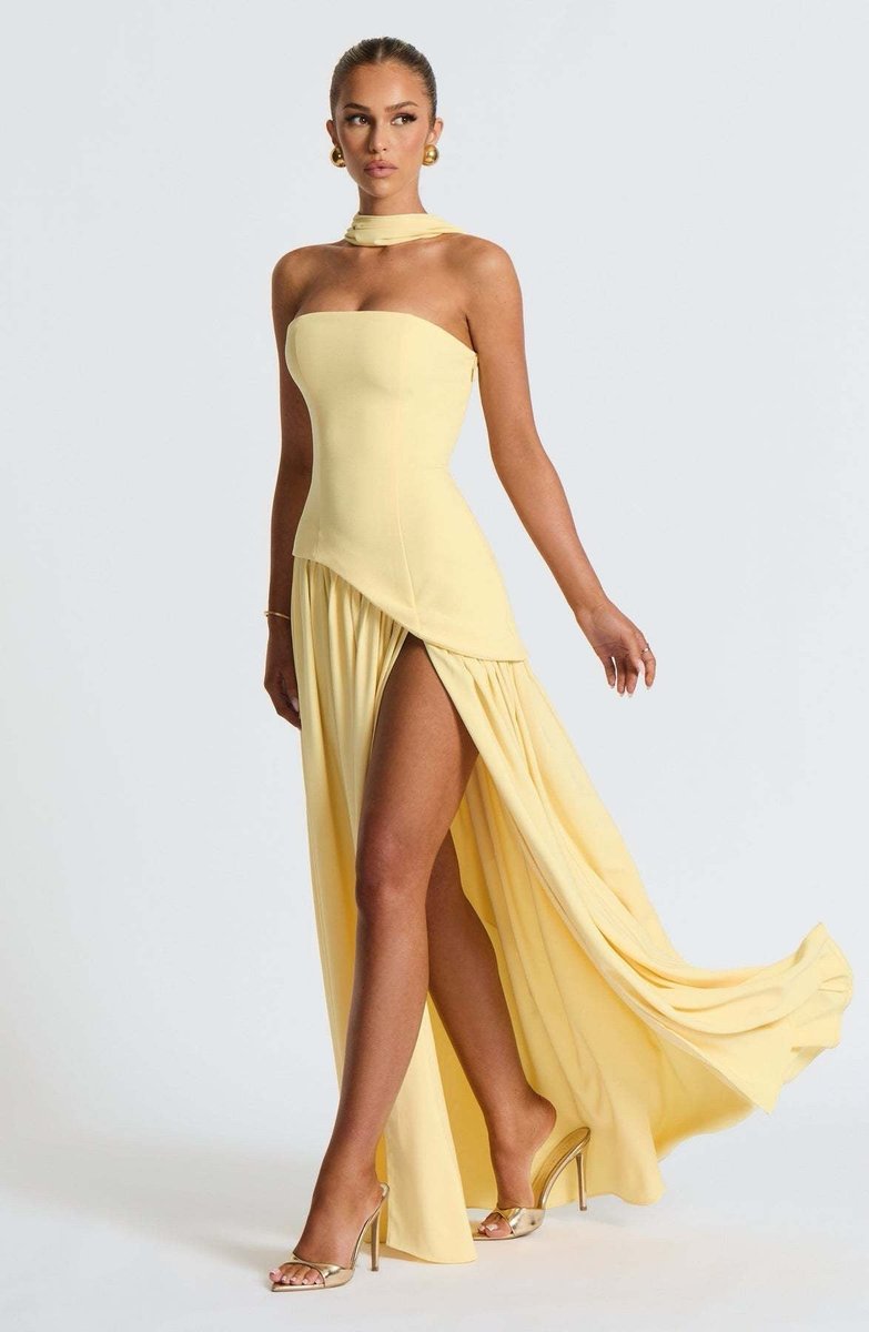 Women's Strapless Color-Block Slit Fall Wedding Guest Dress Maxi Gown