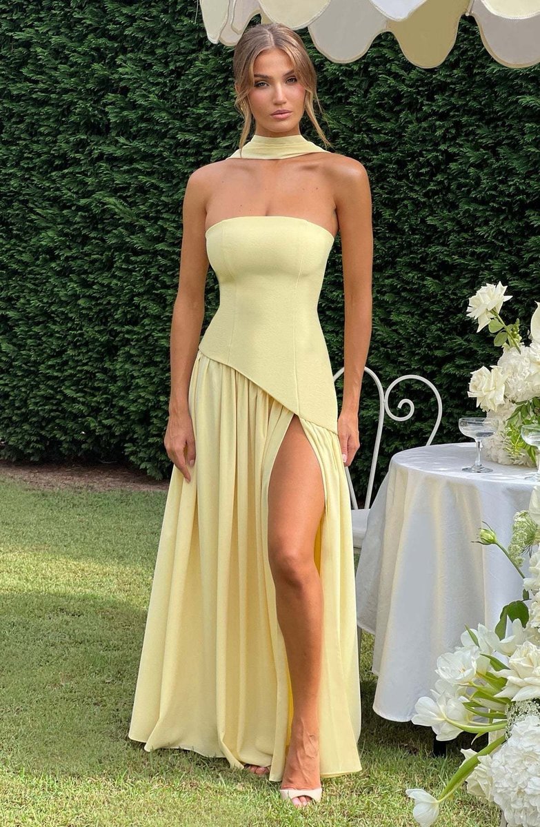 Women's Strapless Color-Block Slit Fall Wedding Guest Dress Maxi Gown