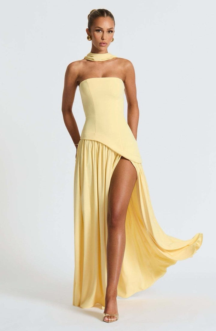 Women's Strapless Color-Block Slit Fall Wedding Guest Dress Maxi Gown