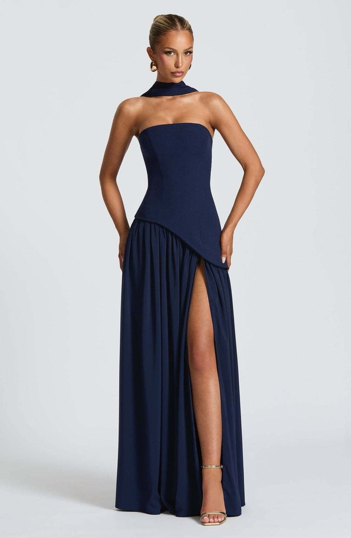 Women's Strapless Color-Block Slit Fall Wedding Guest Dress Maxi Gown