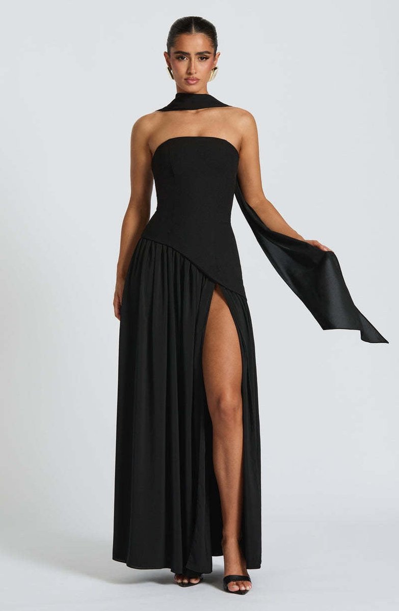 Women's Strapless Color-Block Slit Fall Wedding Guest Dress Maxi Gown