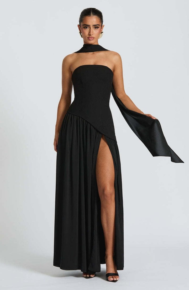 Women's Strapless Color-Block Slit Fall Wedding Guest Dress Maxi Gown