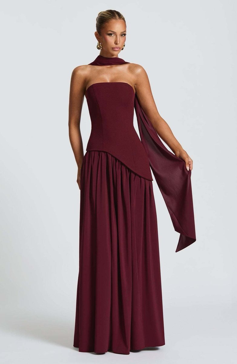 Women's Strapless Color-Block Slit Fall Wedding Guest Dress Maxi Gown