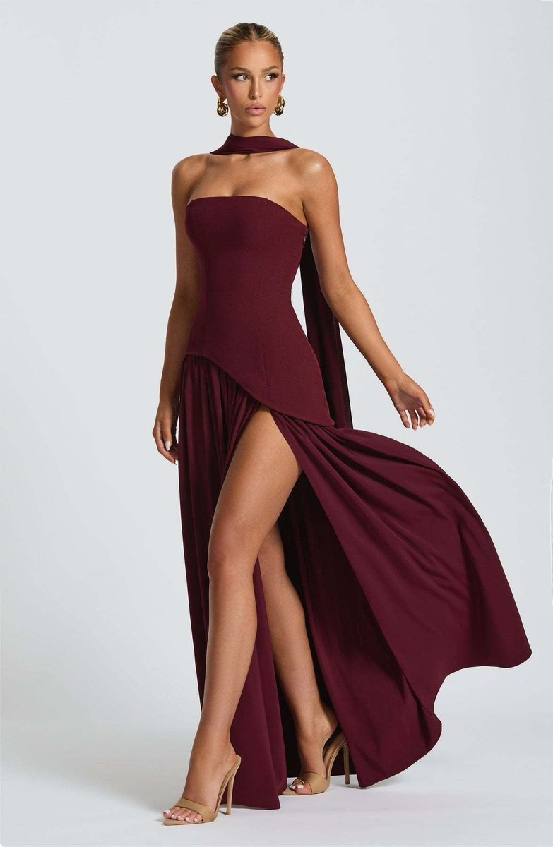 Women's Strapless Color-Block Slit Fall Wedding Guest Dress Maxi Gown