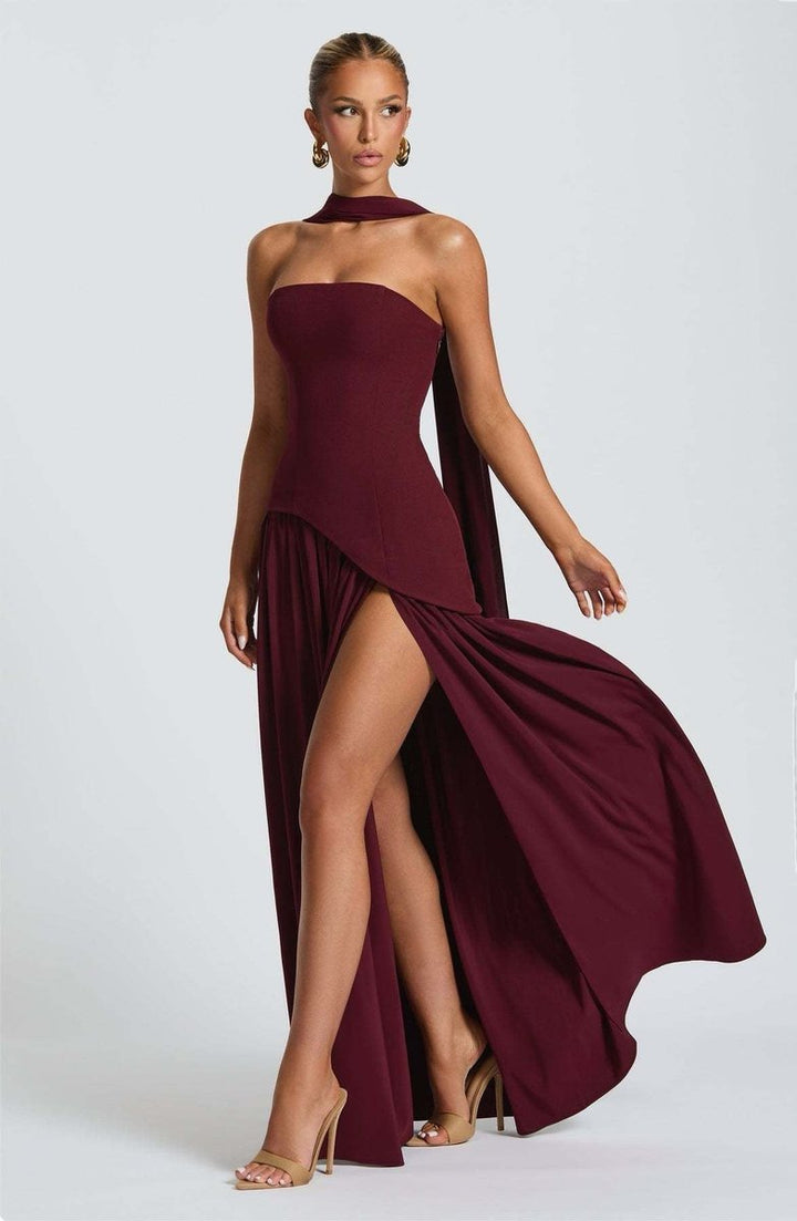 Women's Strapless Color-Block Slit Fall Wedding Guest Dress Maxi Gown