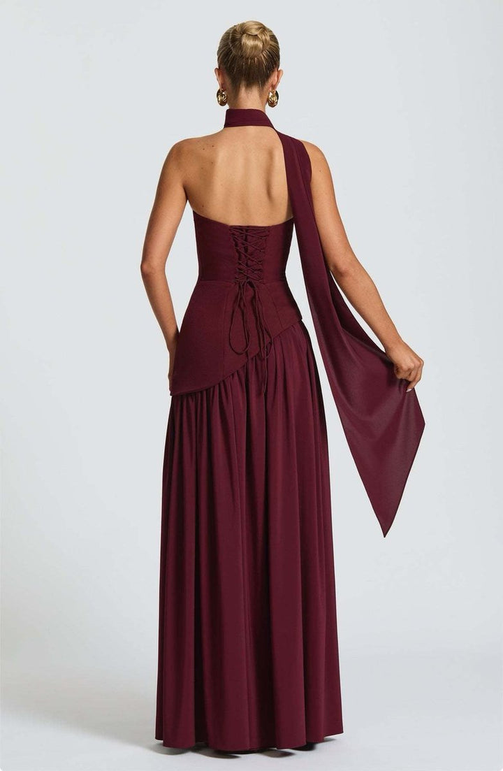 Women's Strapless Color-Block Slit Fall Wedding Guest Dress Maxi Gown