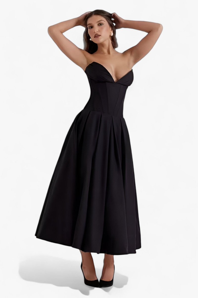 Women's Strapless Corset Bodice Fall Midi Dress
