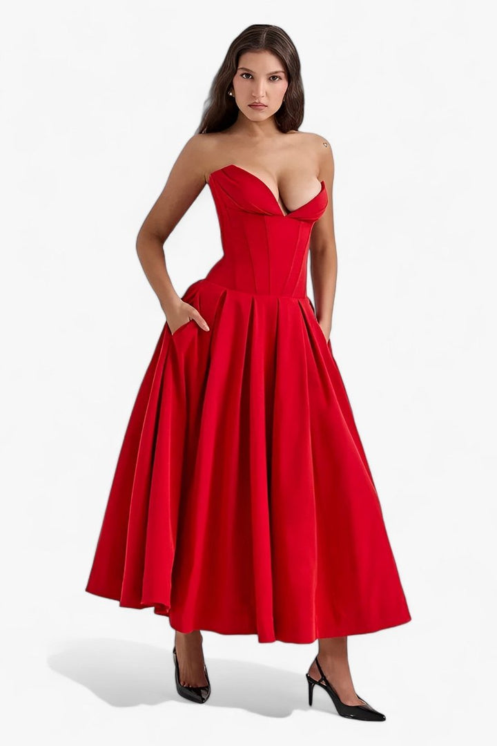 Women's Strapless Corset Bodice Fall Midi Dress