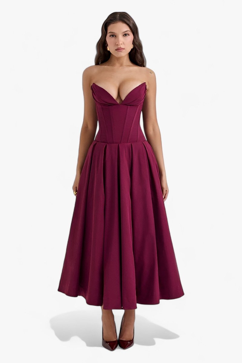 Women's Strapless Corset Bodice Fall Midi Dress