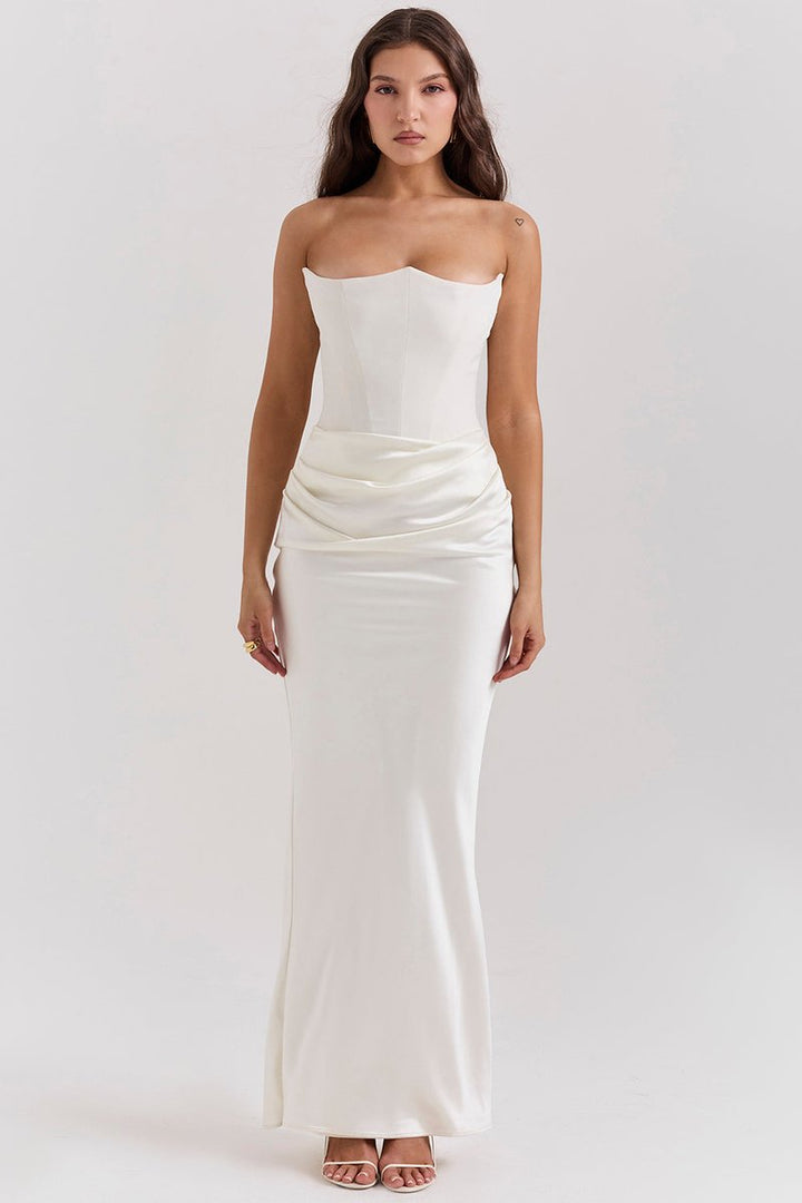 Women's Strapless Corset-Bodice Satin Maxi Formal Dress