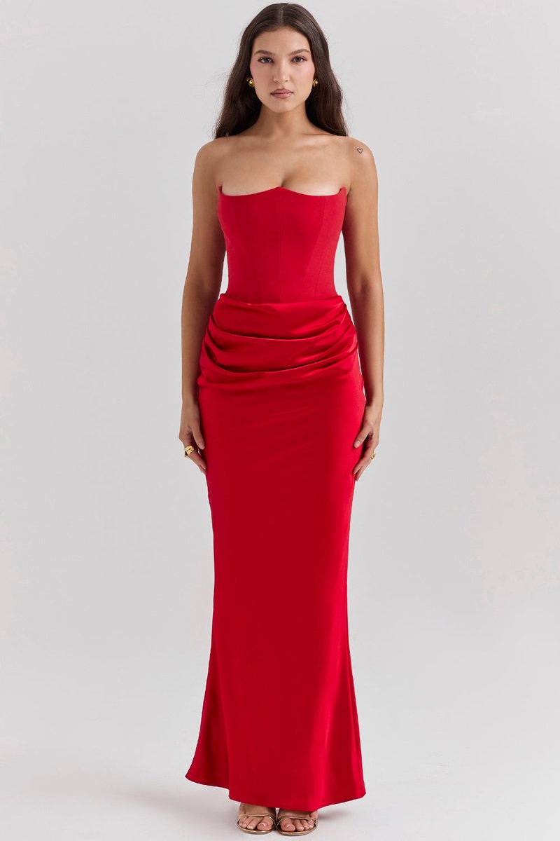 Women's Strapless Corset-Bodice Satin Maxi Formal Dress