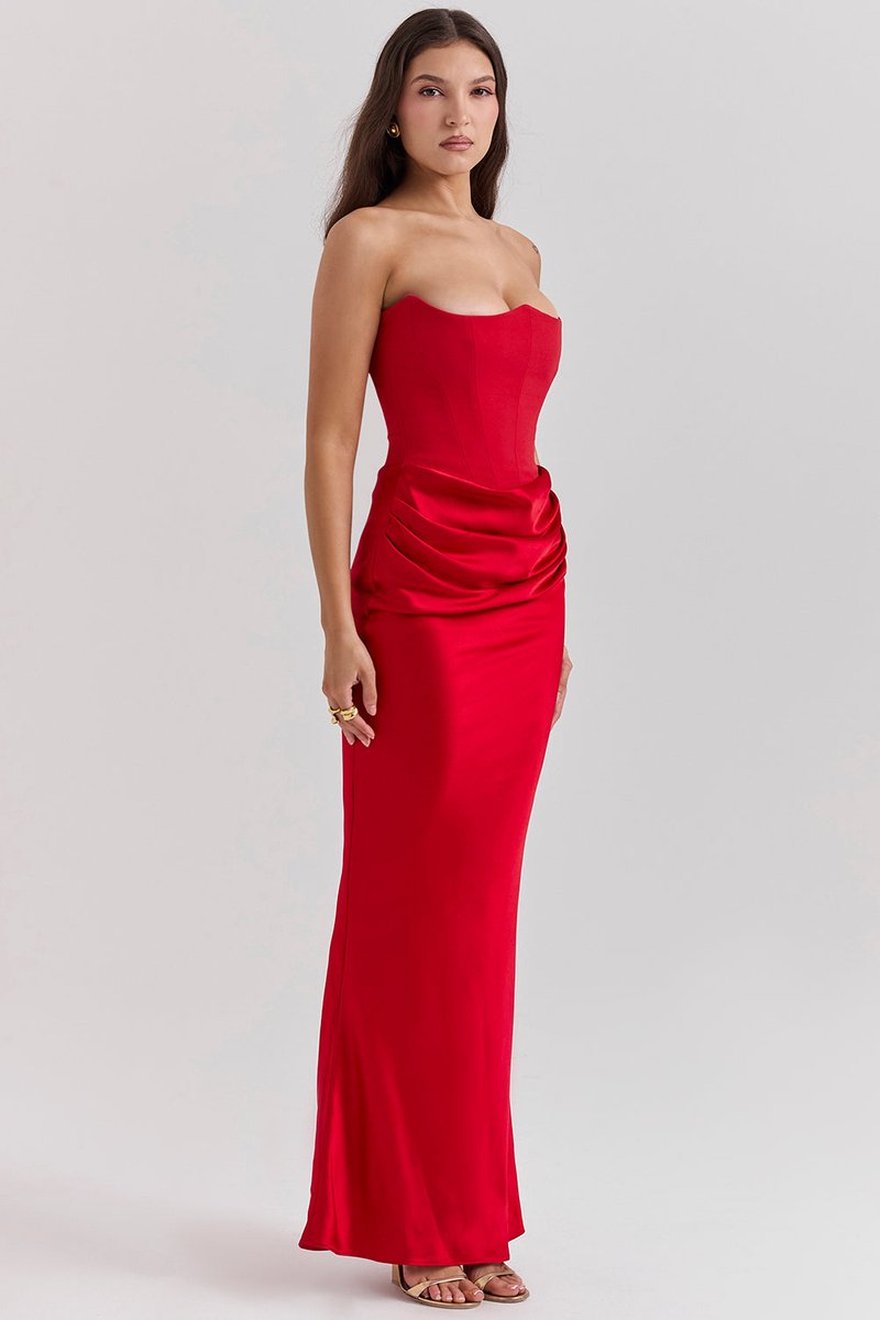 Women's Strapless Corset-Bodice Satin Maxi Formal Dress