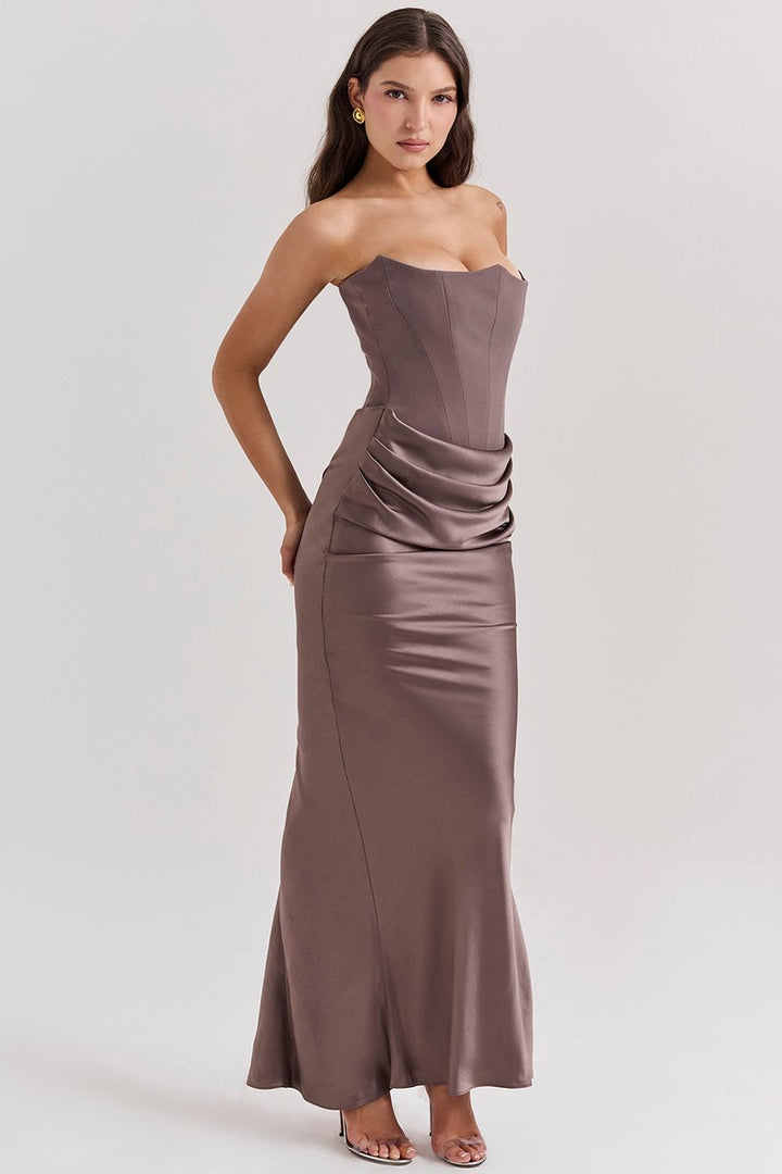 Women's Strapless Corset-Bodice Satin Maxi Formal Dress