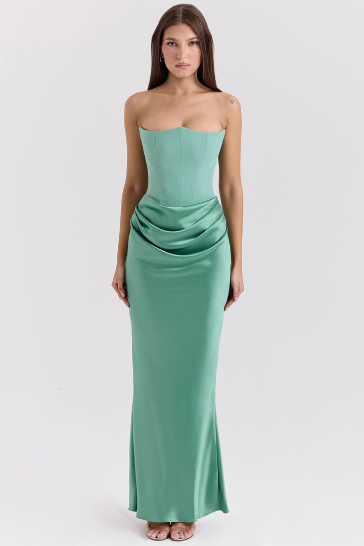 Women's Strapless Corset-Bodice Satin Maxi Formal Dress
