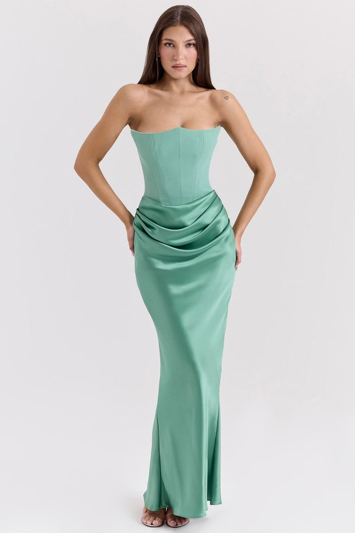 Women's Strapless Corset-Bodice Satin Maxi Formal Dress