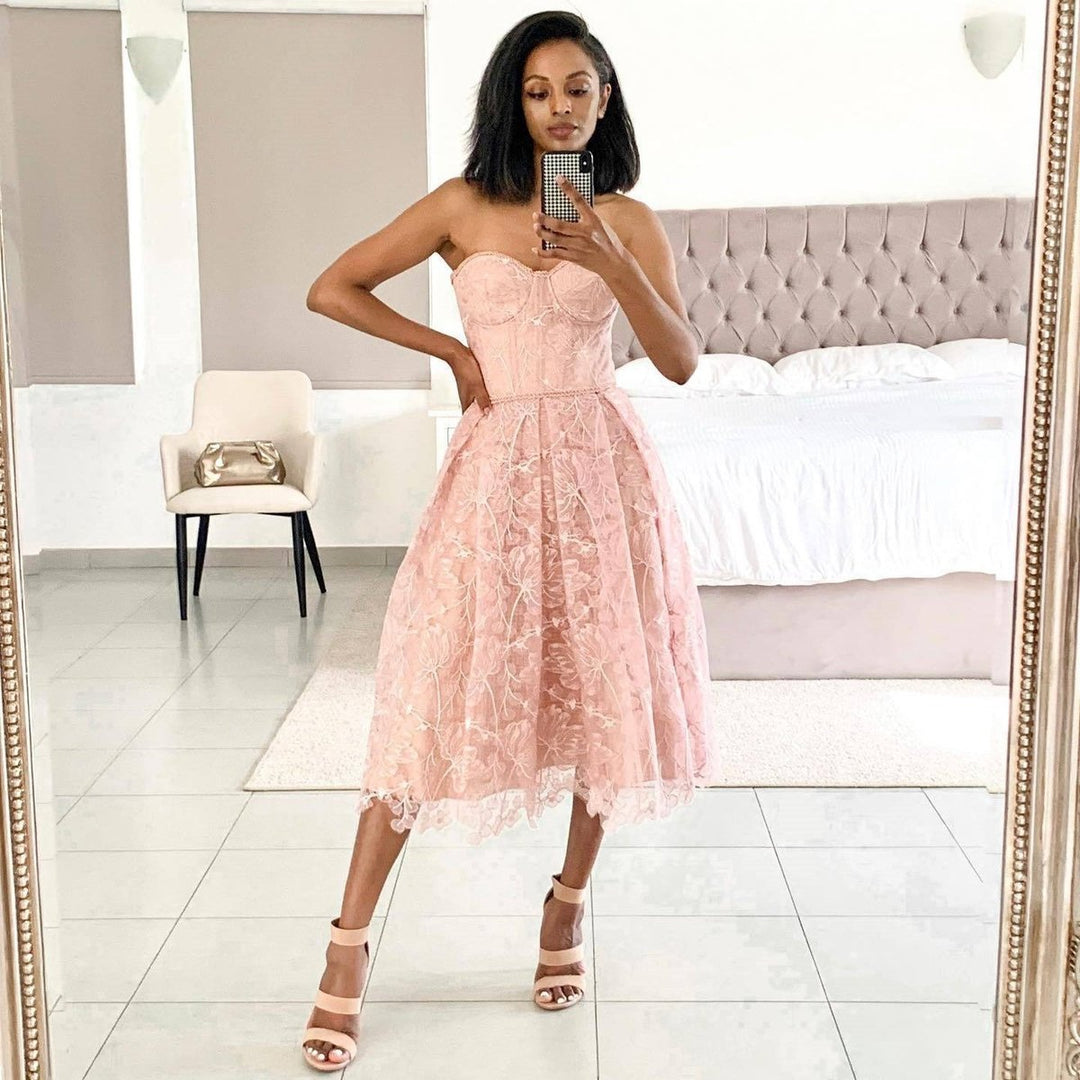 Women's Strapless Corset Lace Fall Midi Dress Flared Skirt