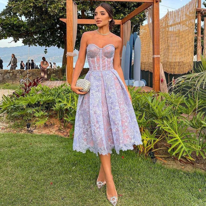 Women's Strapless Corset Lace Fall Midi Dress Flared Skirt