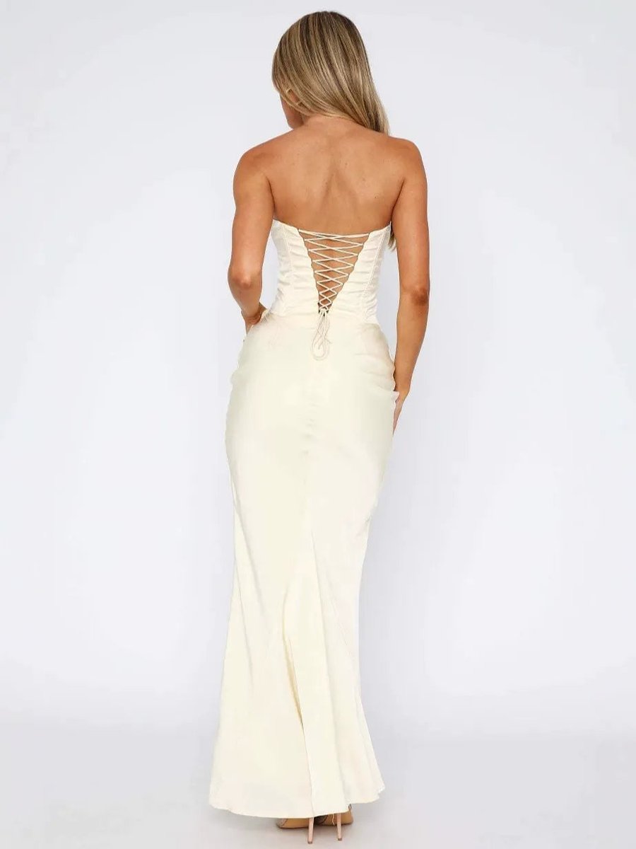 Women's Strapless Corset Ruched Maxi Fall Wedding Guest Dress