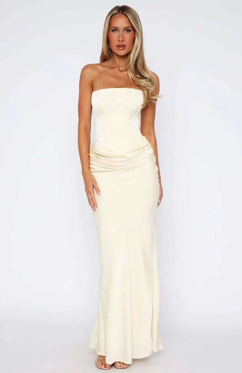 Women's Strapless Corset Ruched Maxi Fall Wedding Guest Dress