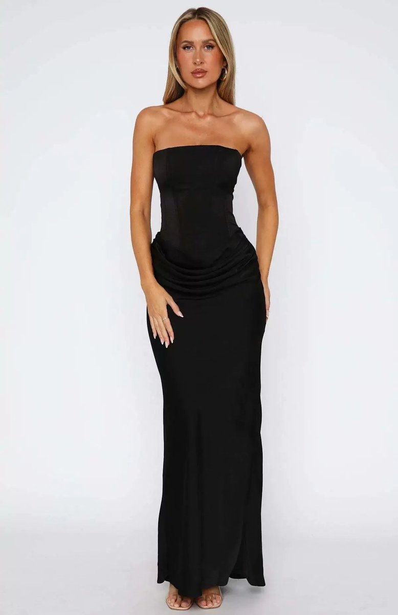Women's Strapless Corset Ruched Maxi Fall Wedding Guest Dress