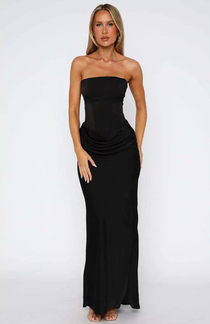 Women's Strapless Corset Ruched Maxi Fall Wedding Guest Dress