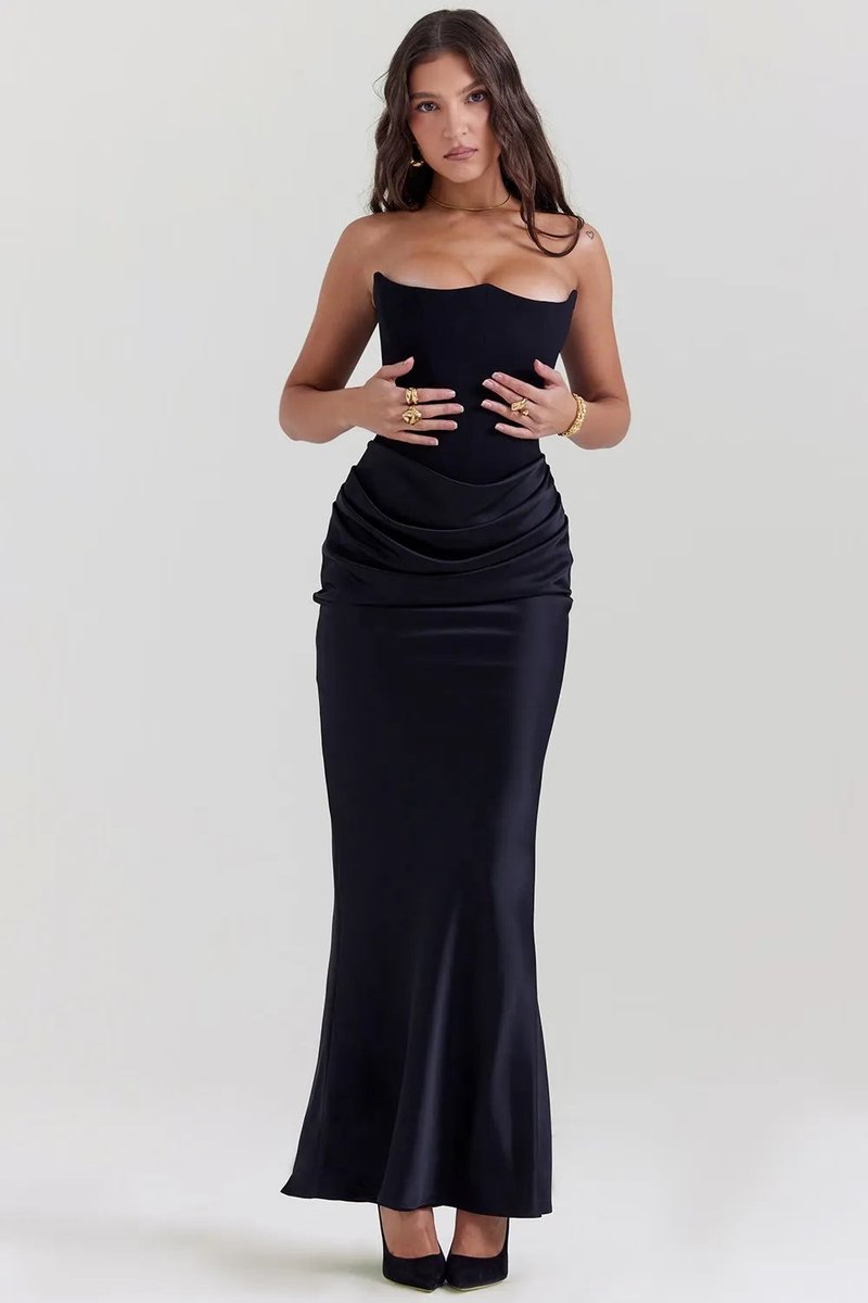 Women's Strapless Corset Satin Draped Maxi Formal Dress
