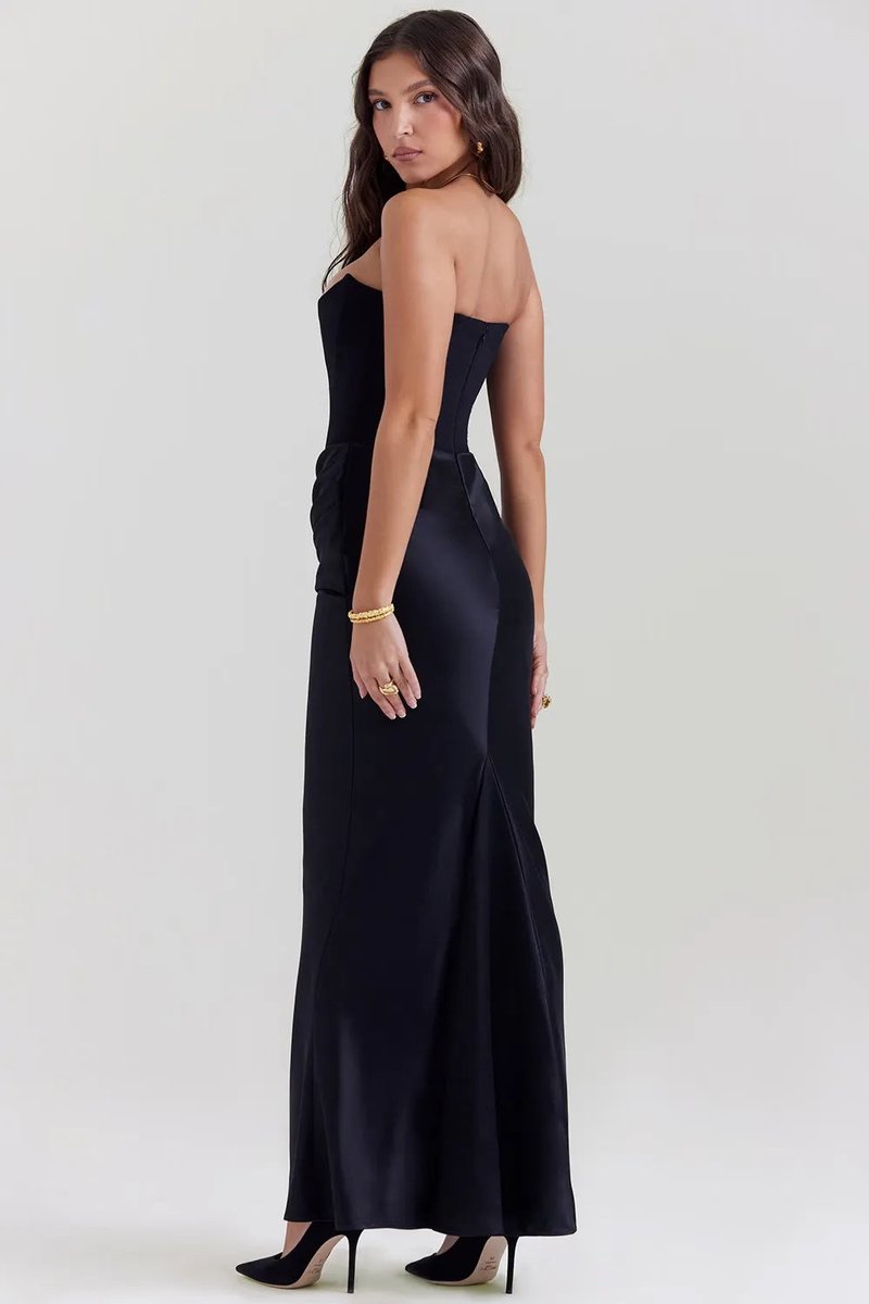 Women's Strapless Corset Satin Draped Maxi Formal Dress
