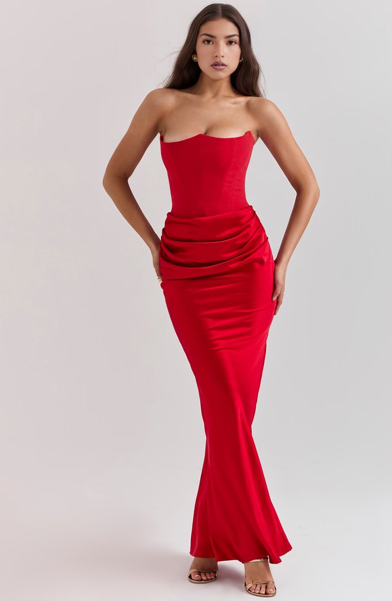 Women's Strapless Corset Satin Maxi Formal Dress