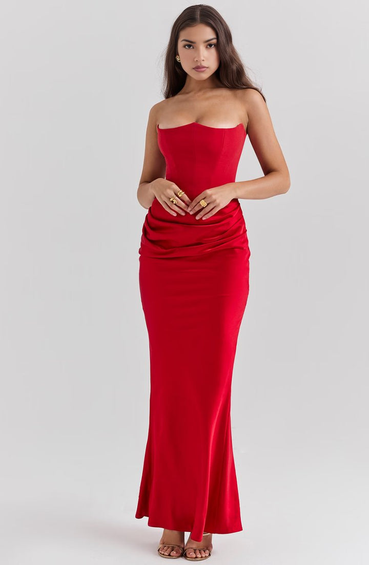 Women's Strapless Corset Satin Maxi Formal Dress