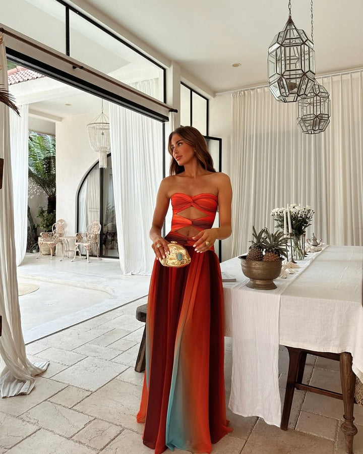 Women's Strapless Cut-Out Mesh Maxi Fall Wedding Guest Dress