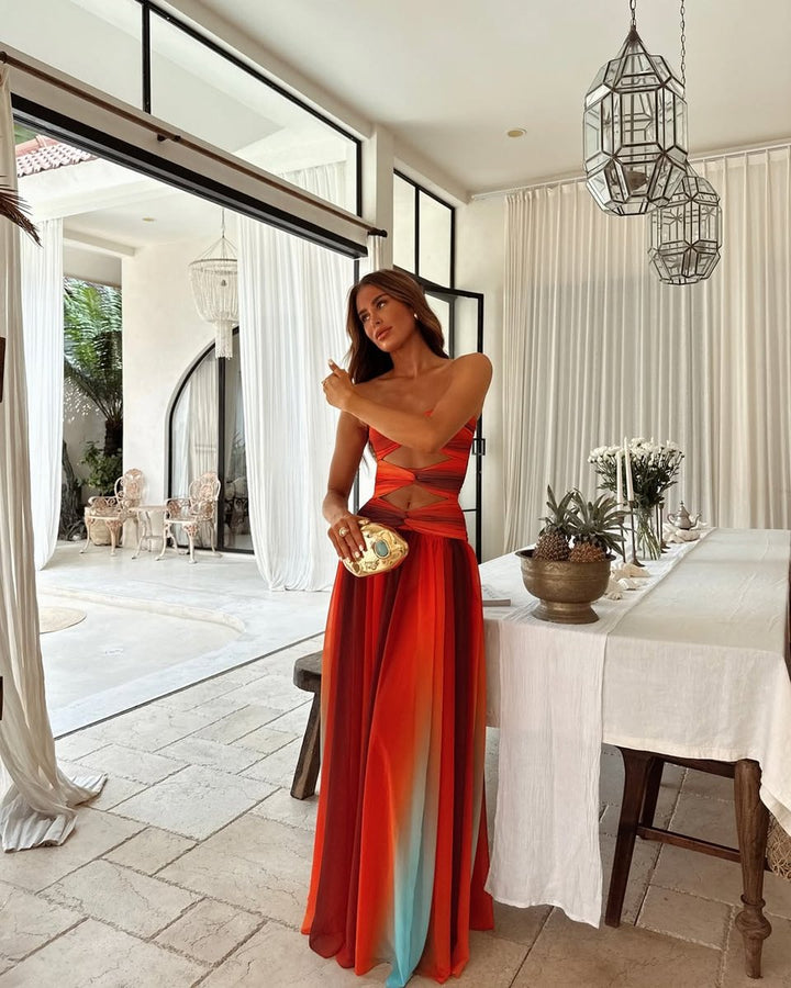 Women's Strapless Cut-Out Mesh Maxi Fall Wedding Guest Dress