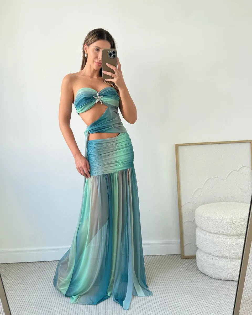 Women's Strapless Cut-Out Mesh Maxi Fall Wedding Guest Dress