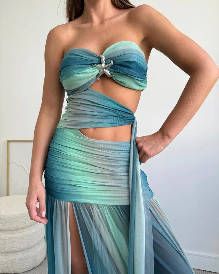 Women's Strapless Cut-Out Mesh Maxi Fall Wedding Guest Dress