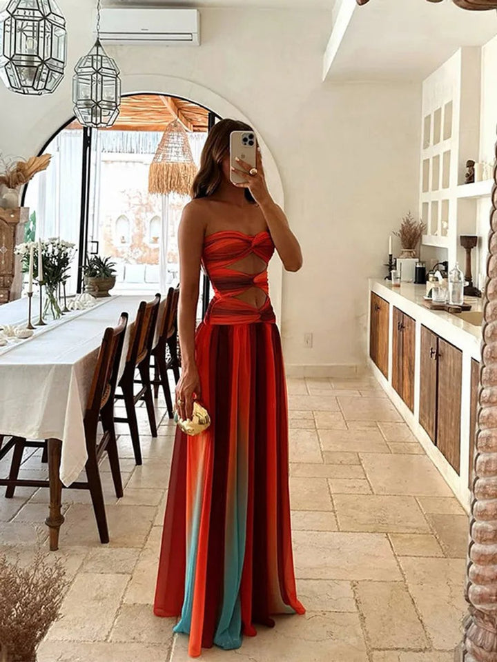 Women's Strapless Cutout Ombre Flowy Maxi Formal Dress