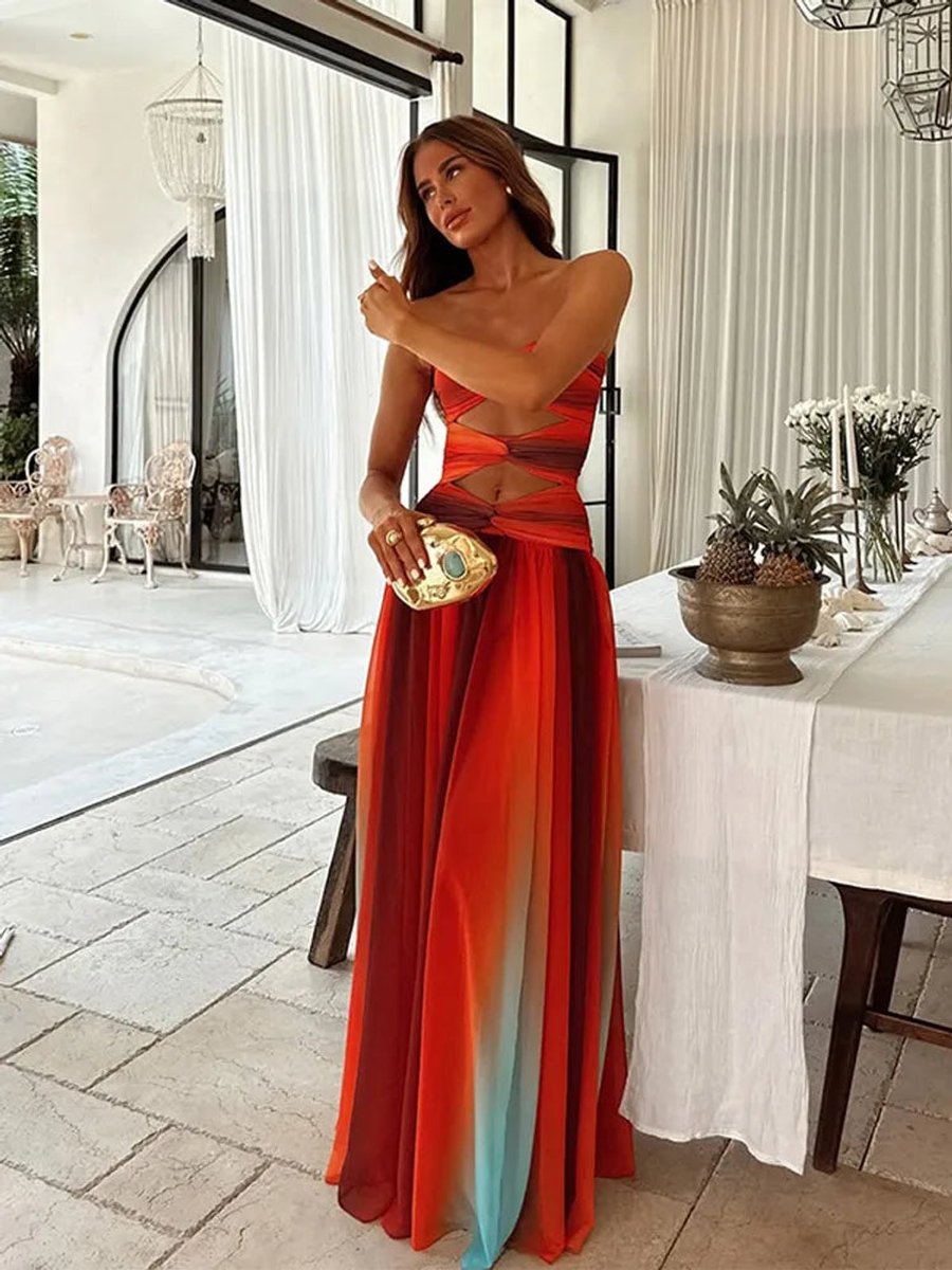 Women's Strapless Cutout Ombre Flowy Maxi Formal Dress