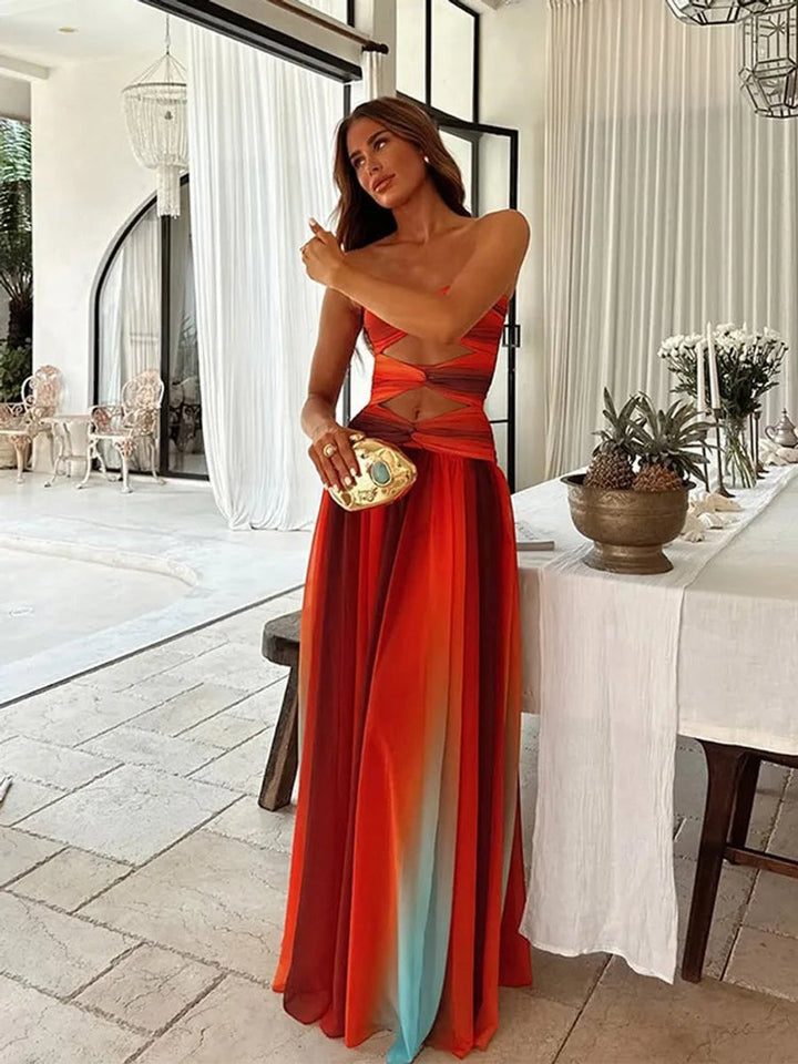 Women's Strapless Cutout Ombre Flowy Maxi Formal Dress