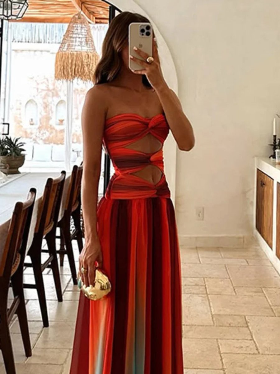 Women's Strapless Cutout Ombre Flowy Maxi Formal Dress